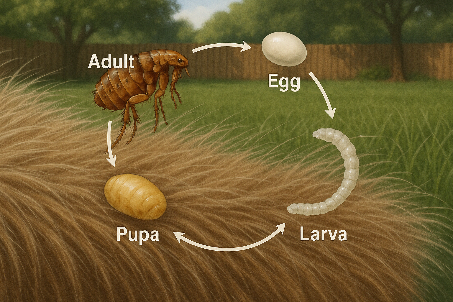 Flea life cycle diagram showing egg, larva, pupa, and adult stages