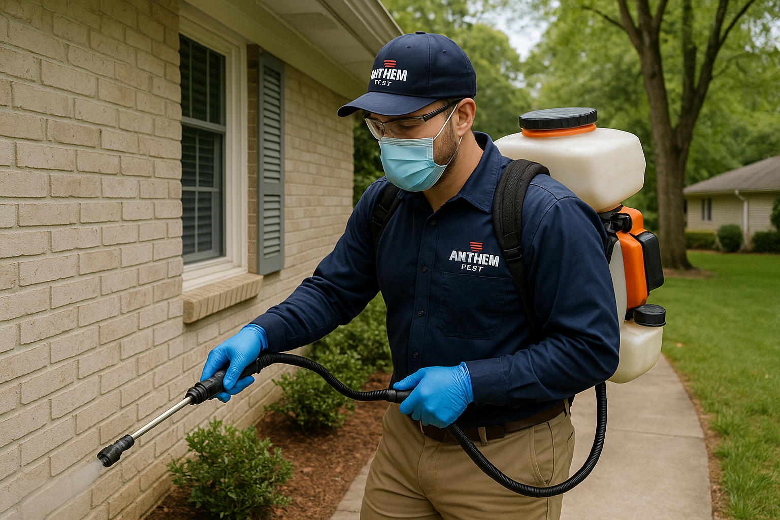 Technician applying flea treatment to a home exterior in Dunwoody, GA