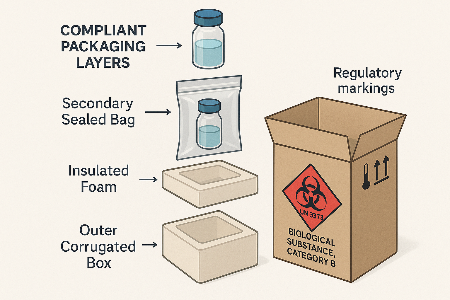 Layered packaging diagram showing primary vial, secondary bag, insulation, and outer box