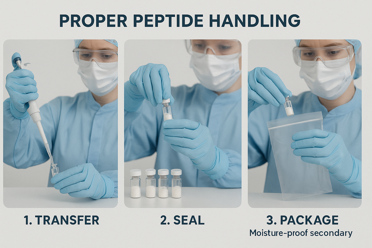 Step‑by‑step workflow for safe peptide handling and packaging