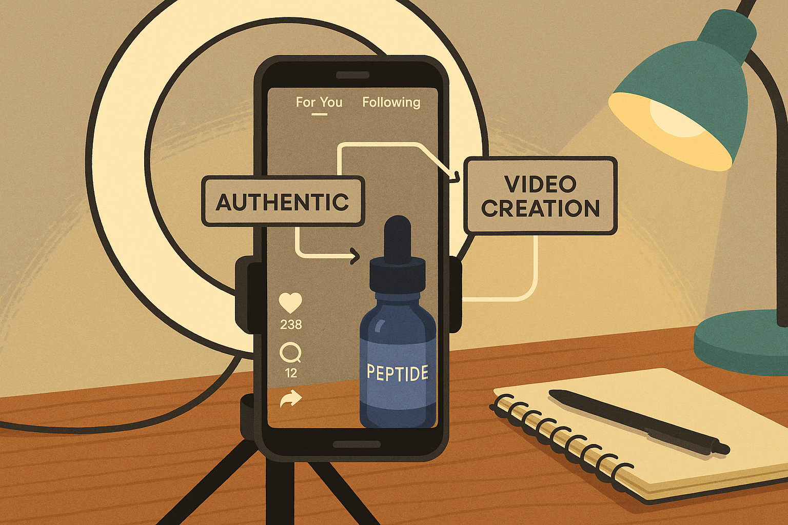 Ideal TikTok creator desk setup with tripod, ring light, neutral backdrop, and branded peptide bottle