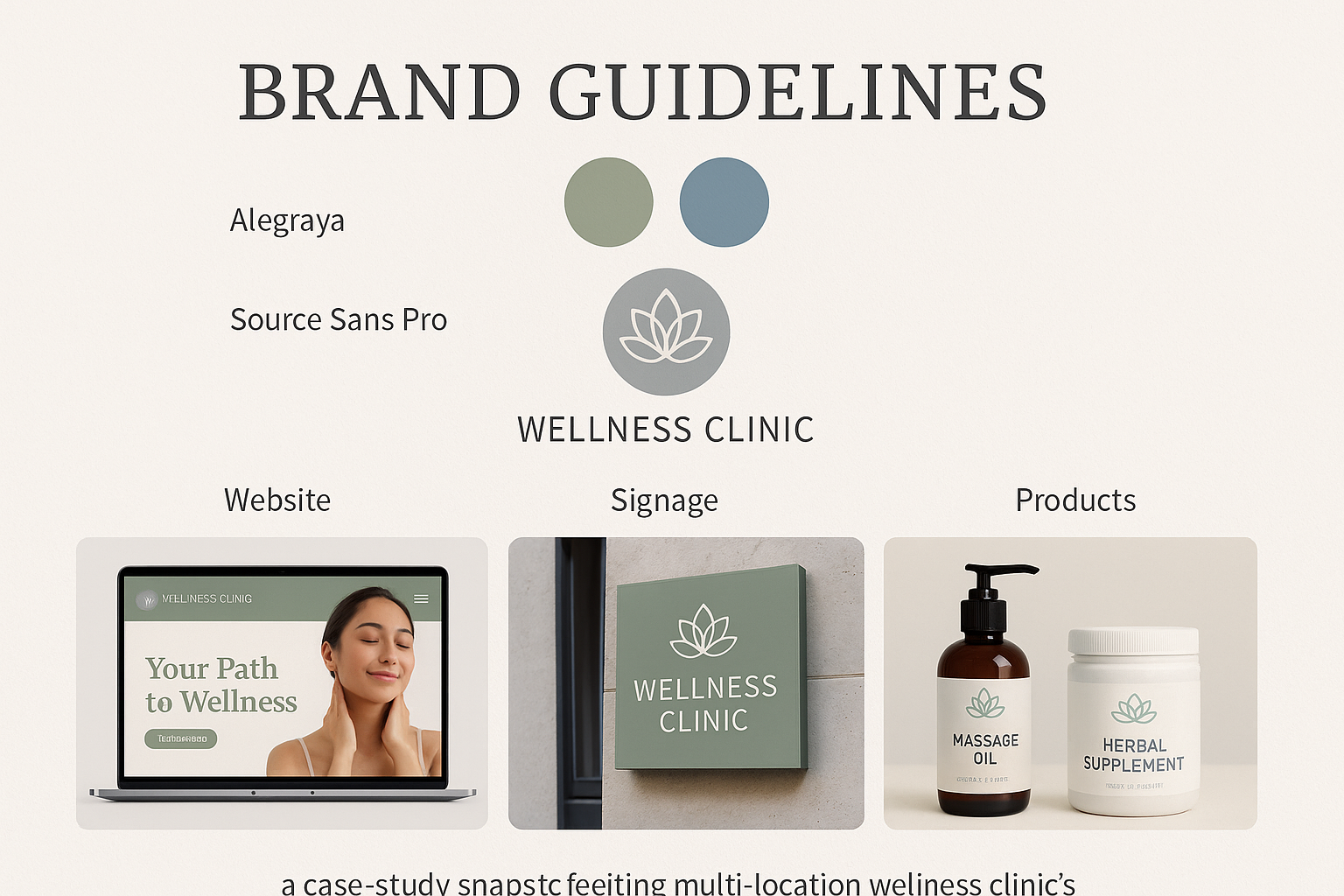 Snapshot of a wellness clinic brand guideline showing logo placement, color palette, and typography hierarchy