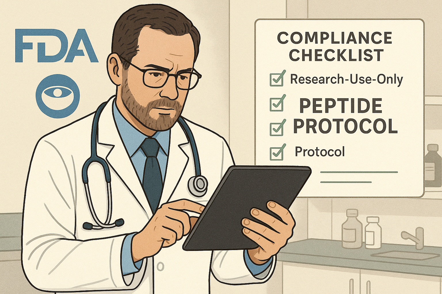 Regulatory compliance illustration showing FDA, USDA, and EMA logos