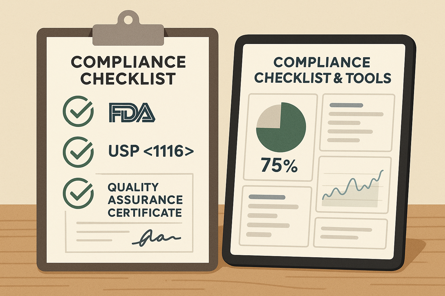 Checklist displayed alongside a tablet QA dashboard
