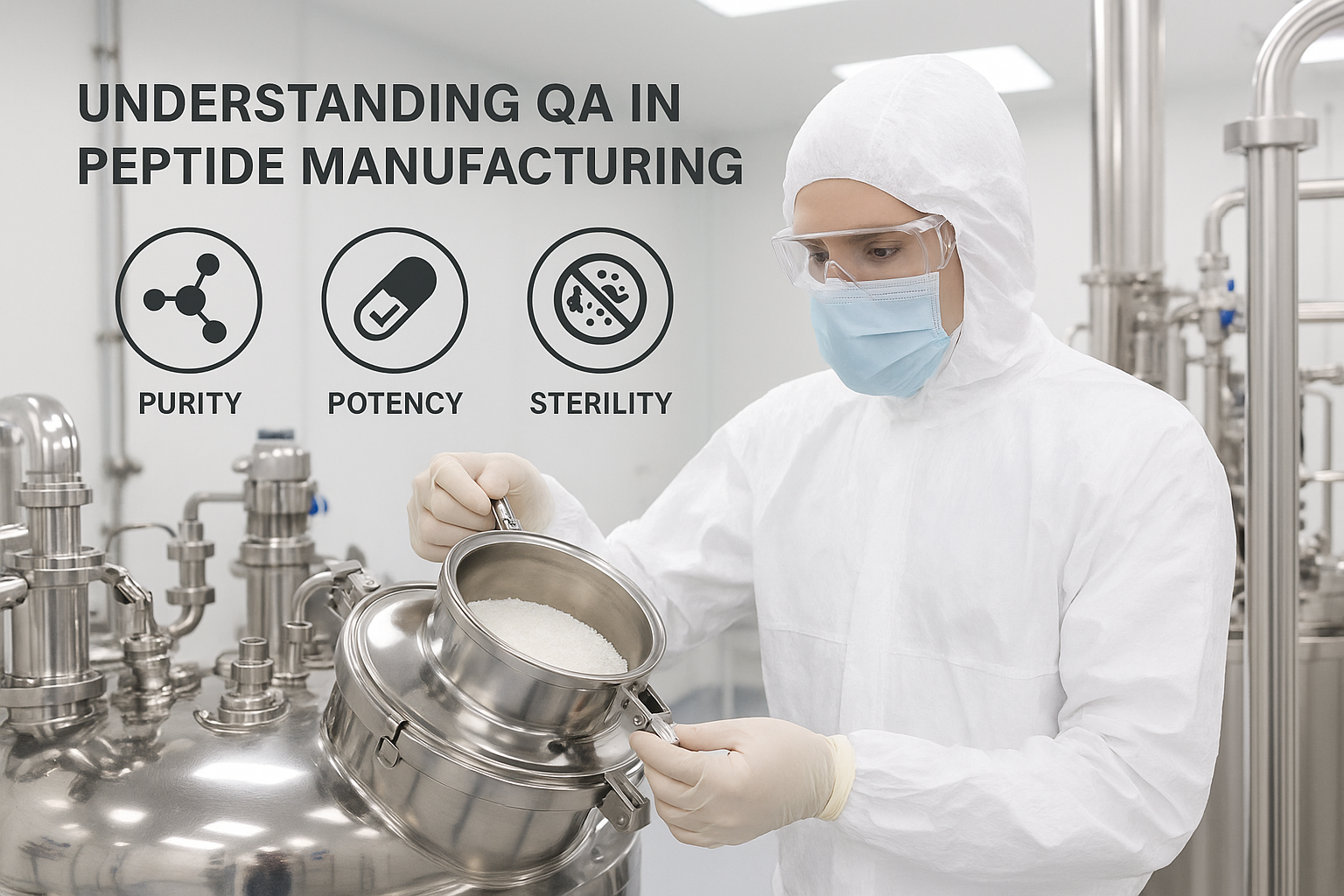 Illustration of a cleanroom technician inspecting a peptide batch