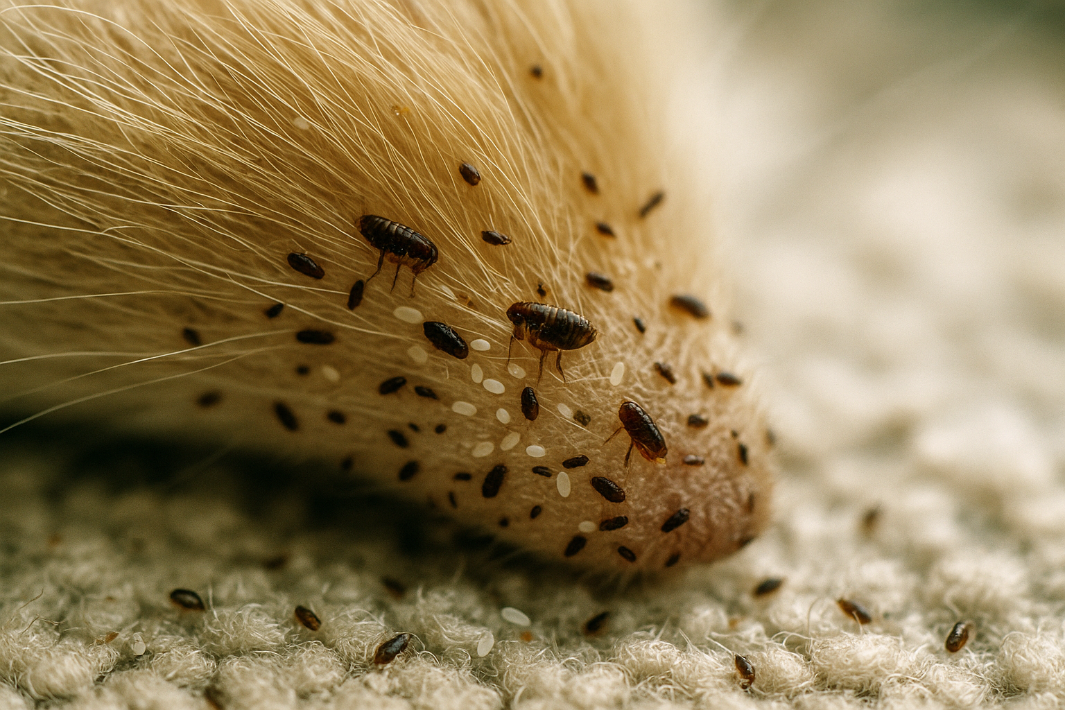 Flea eggs scattered on a carpet fiber
