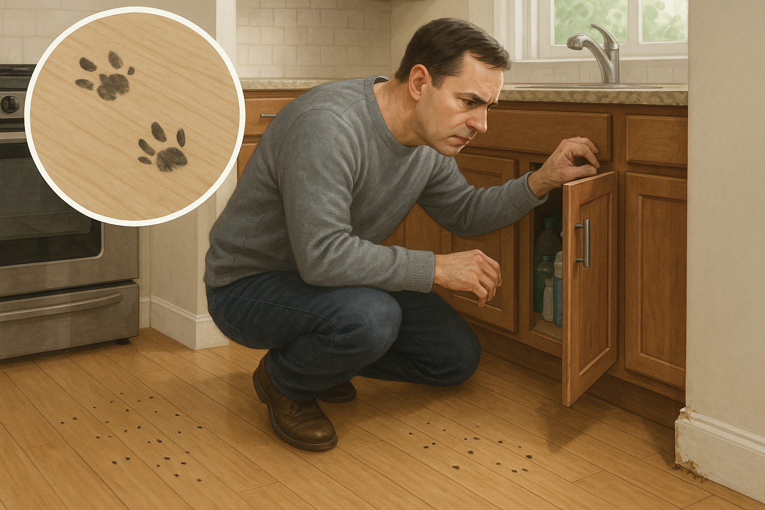 Close‑up of mouse droppings and gnaw marks on a kitchen floor