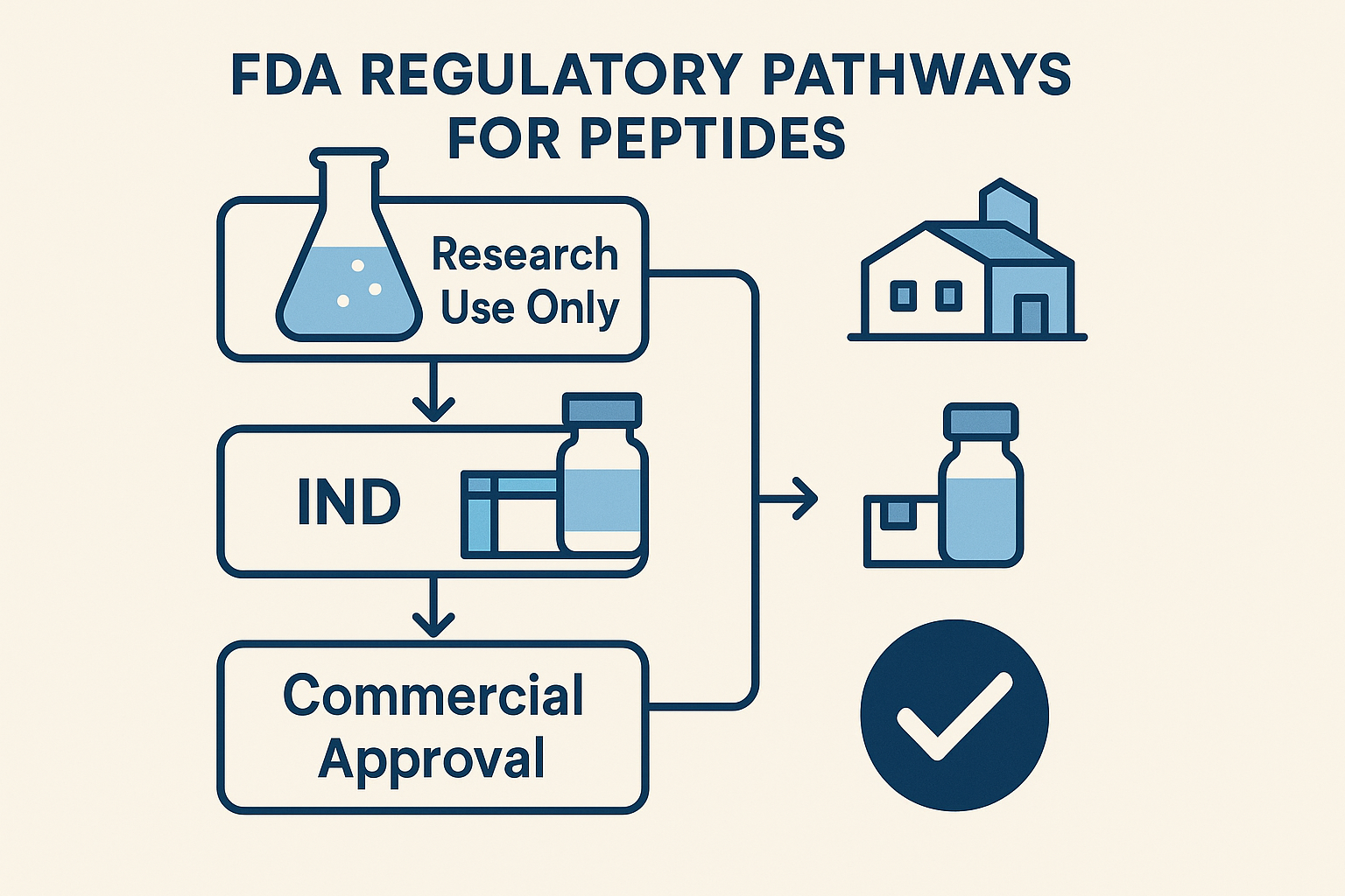 Flowchart illustrating the transition from RUO to IND to commercial approval for peptide products