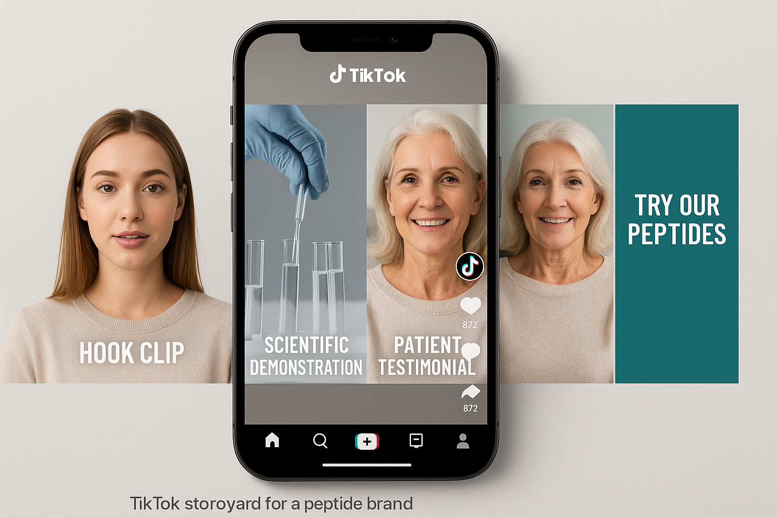 Four‑frame storyboard mock‑up showing hook, demonstration, research documentation, and CTA