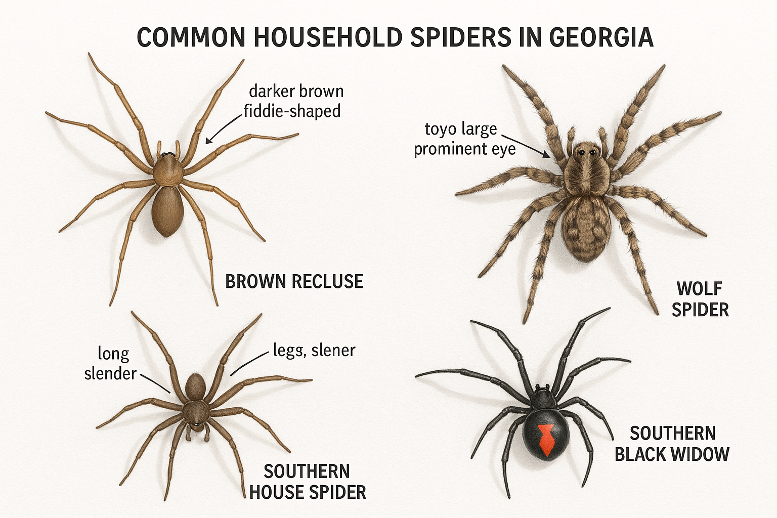 How much does spider control cost in Loganville, Georgia? 3 Illustration of common household spiders found in Loganville, Georgia