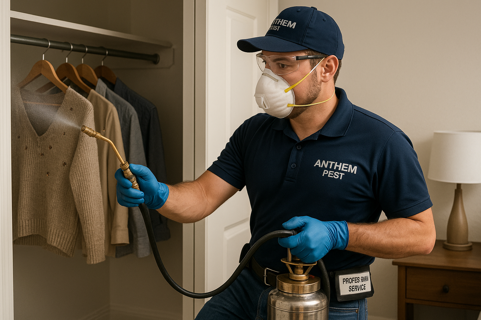 Certified technician applying targeted moth treatment in a bedroom closet