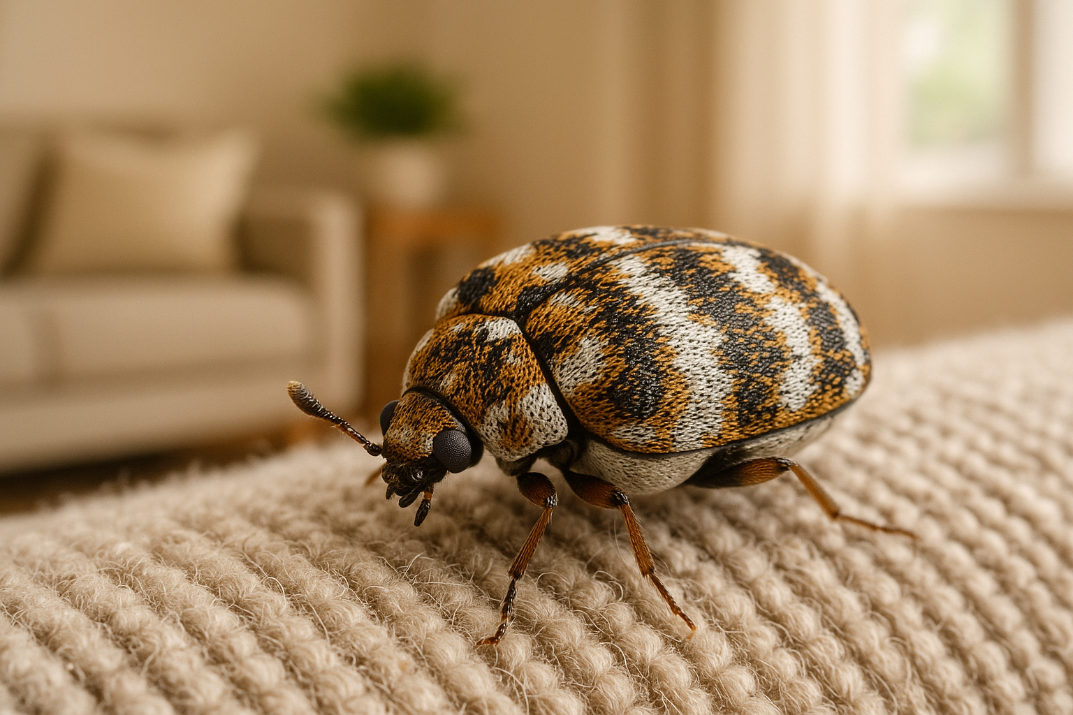 Close‑up of carpet beetle larvae on fabric