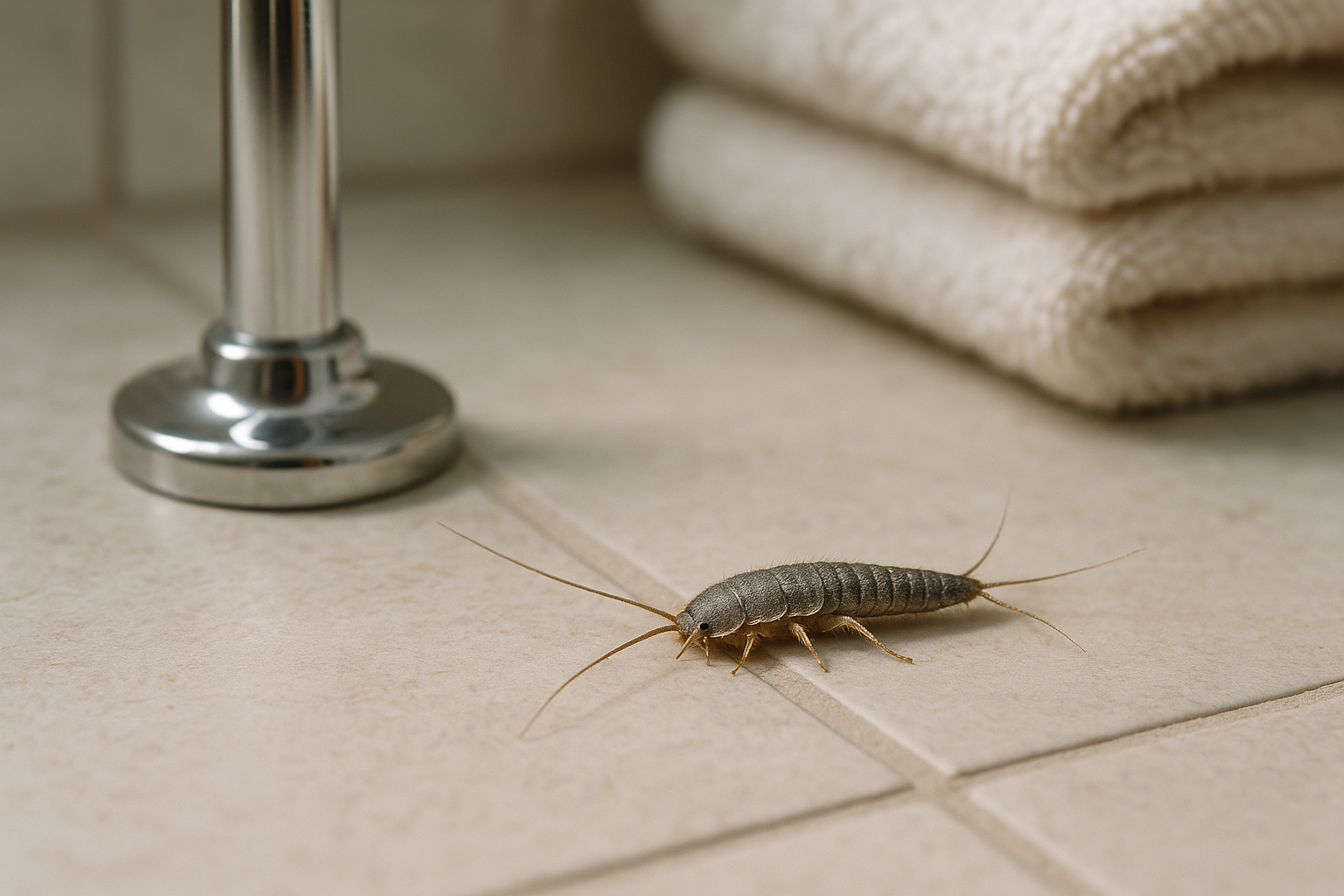 Close‑up of a silverfish showing its silvery, fish‑like body and long antennae