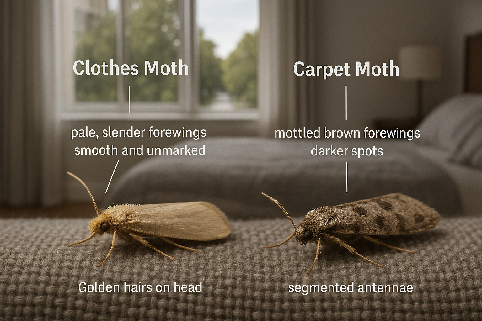 Close‑up illustration of a clothes moth and a carpet moth highlighting distinguishing features