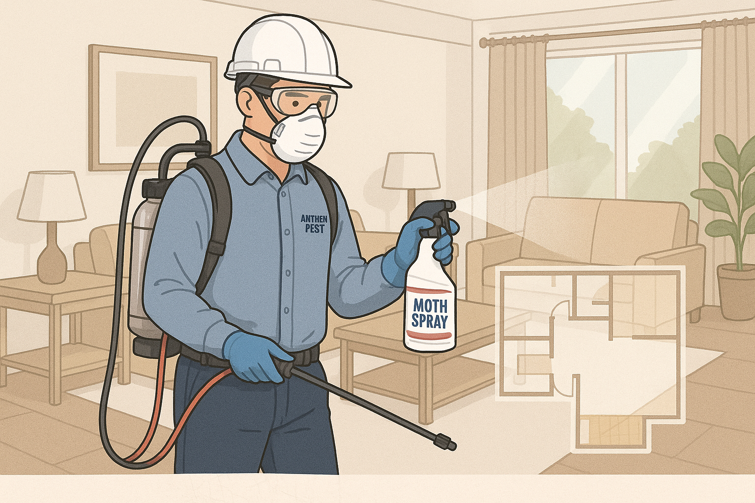 Technician applying indoor moth spray in a living room
