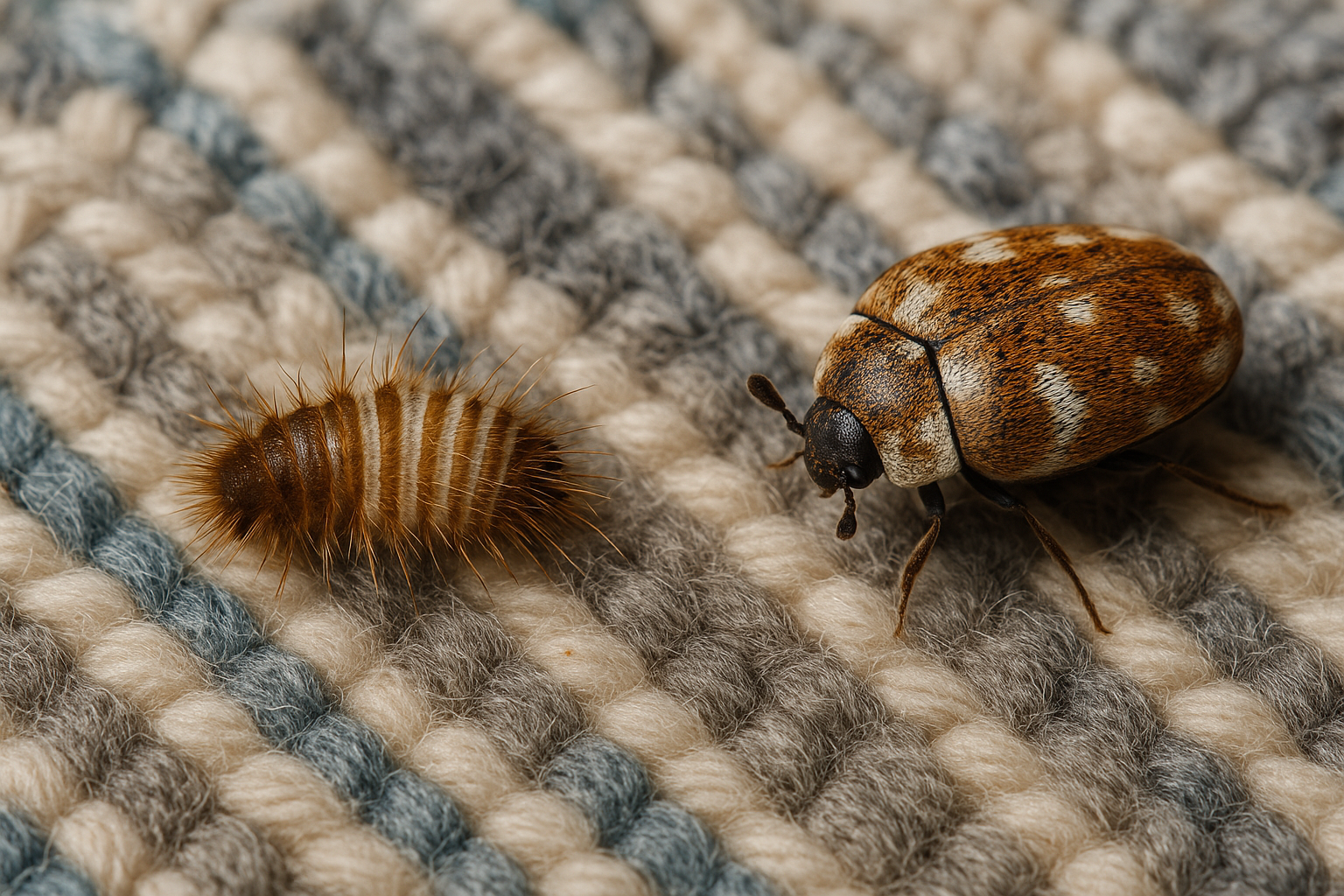 Top-Rated Carpet Beetle Control in Dunwoody, Georgia: Cost, Treatment & Tips 2 Close‑up view of a varied carpet beetle and a bristly larva on fabric