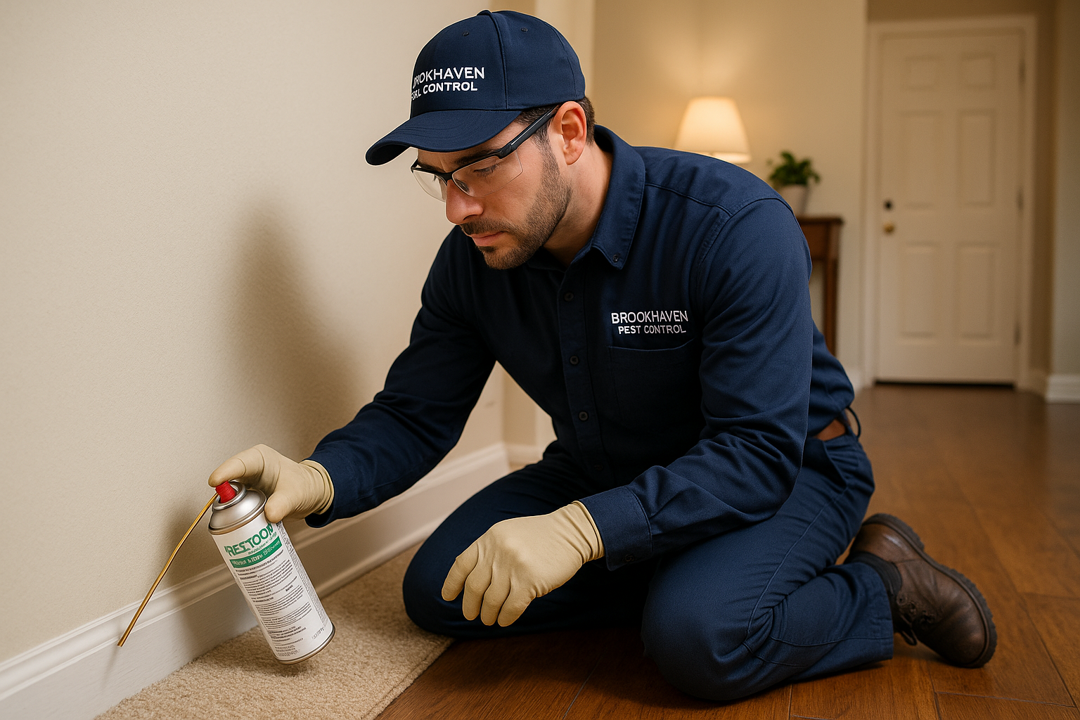 Emergency Carpet Beetle Control in Brookhaven, Georgia: What to Do Right Now 4 Technician applying spot‑treatment spray to carpet edge