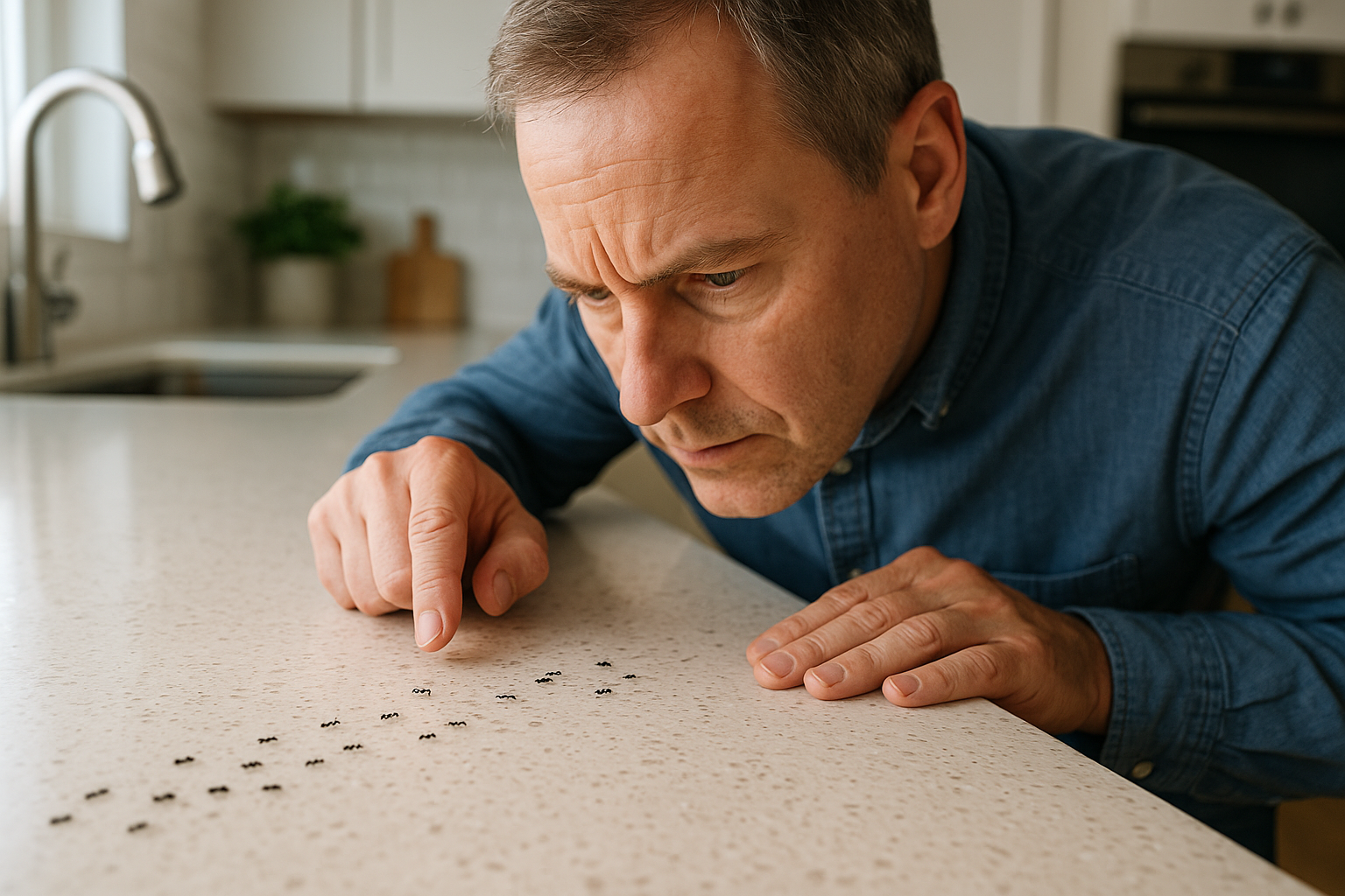 Tiny black ants marching across a kitchen countertop