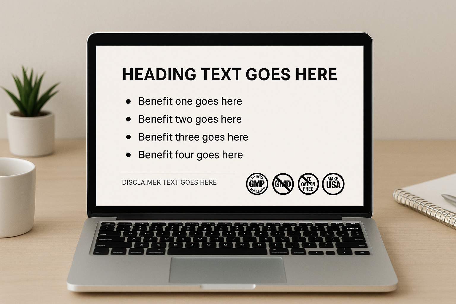 Sample peptide marketing template with compliance icons