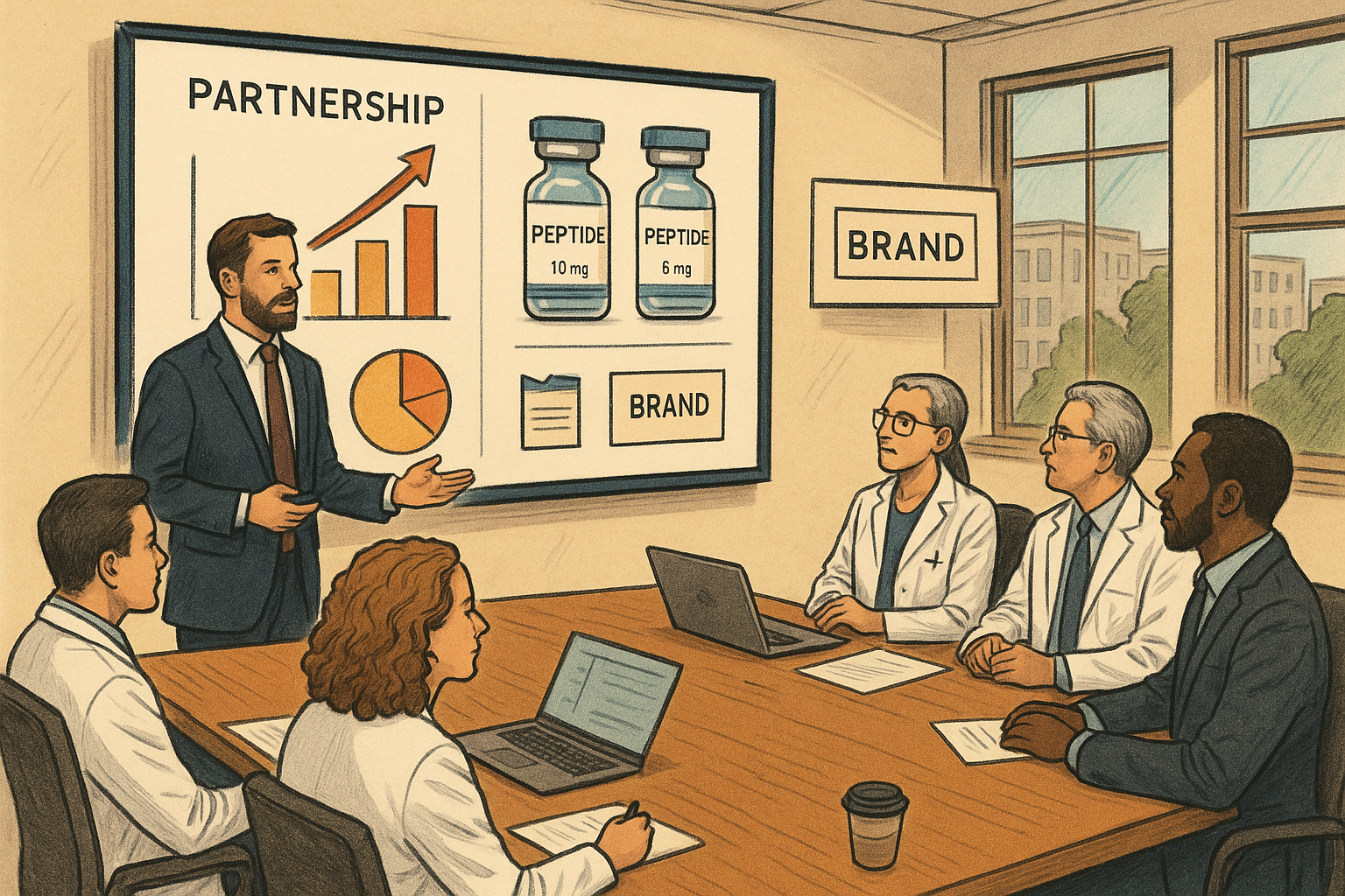 Boardroom presentation setting with YPB partnership deck displayed on a screen