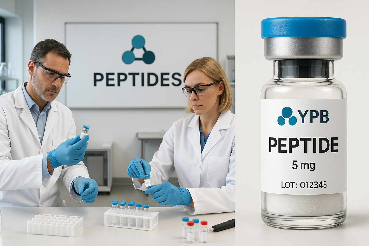 Sample peptide label layout showing logo, peptide name, dosage, and QR code