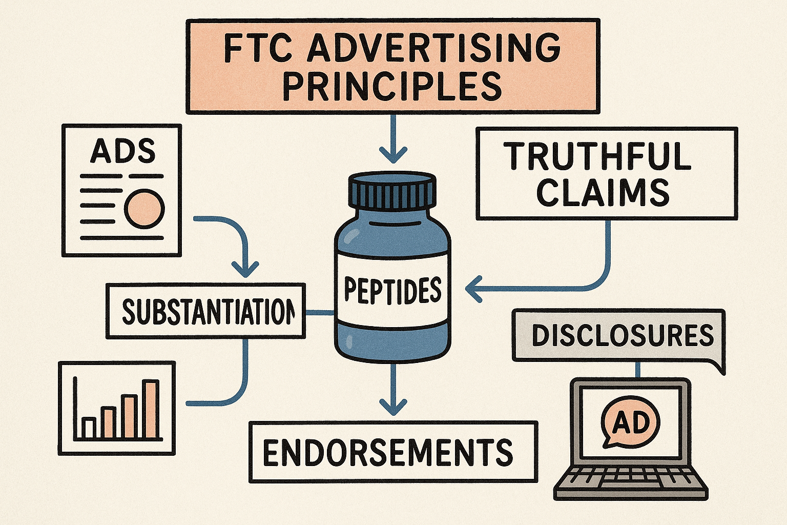 Diagram illustrating FTC compliance pillars for RUO peptide marketing