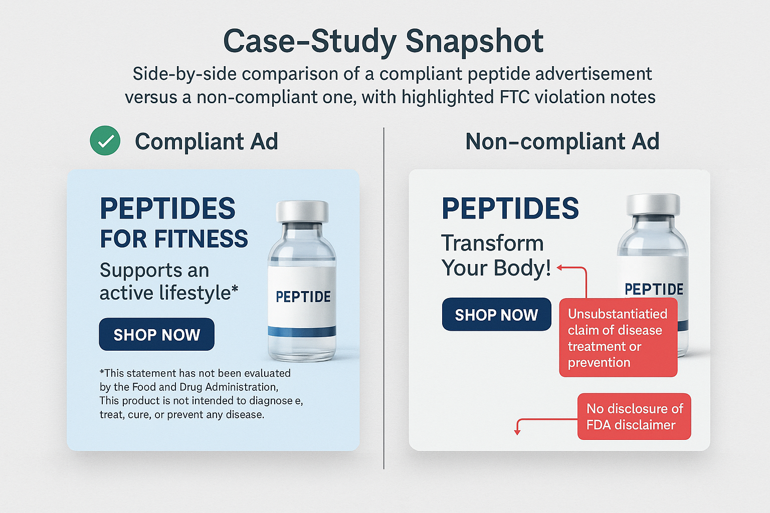 Side‑by‑side screenshot of a non‑compliant peptide ad next to a compliant version