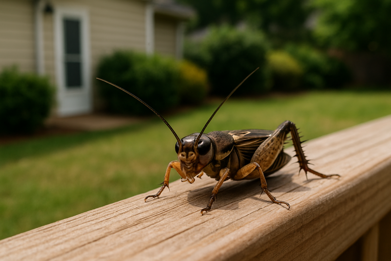Close‑up of a house cricket and a field cricket on grass