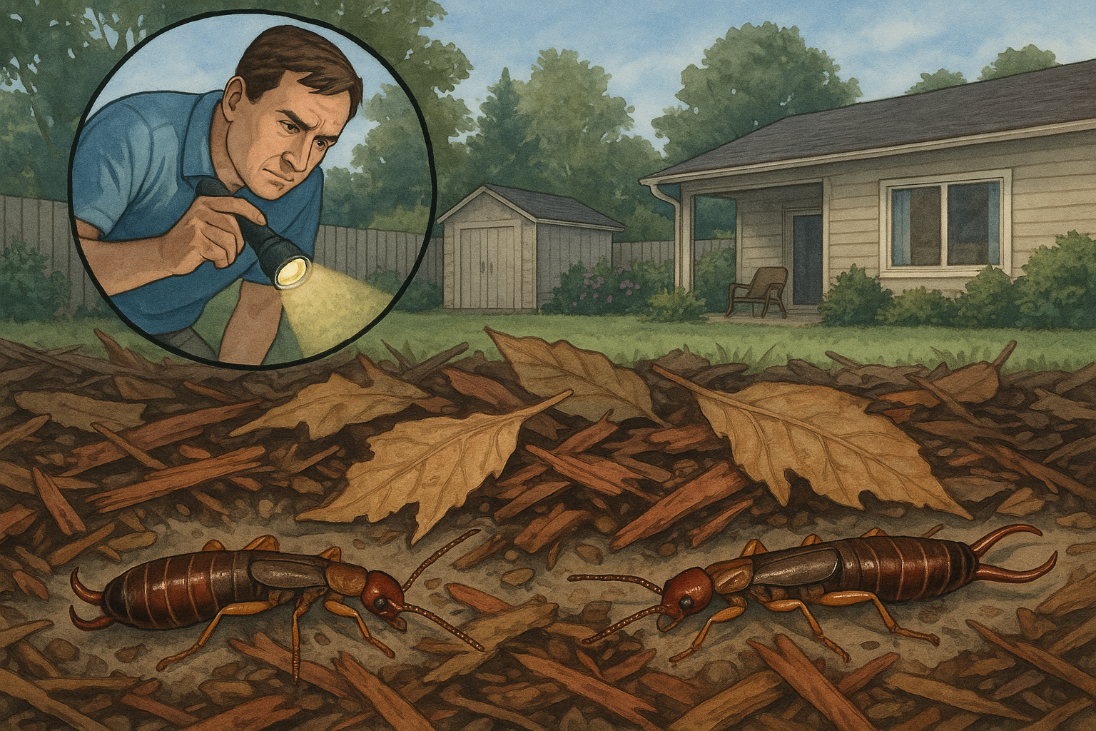 How much does earwig control cost in Loganville, Georgia? 3 Homeowner inspecting mulch with a flashlight