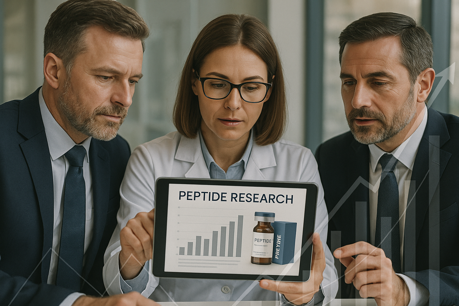 Clinic owners reviewing research on a tablet while discussing branding strategies