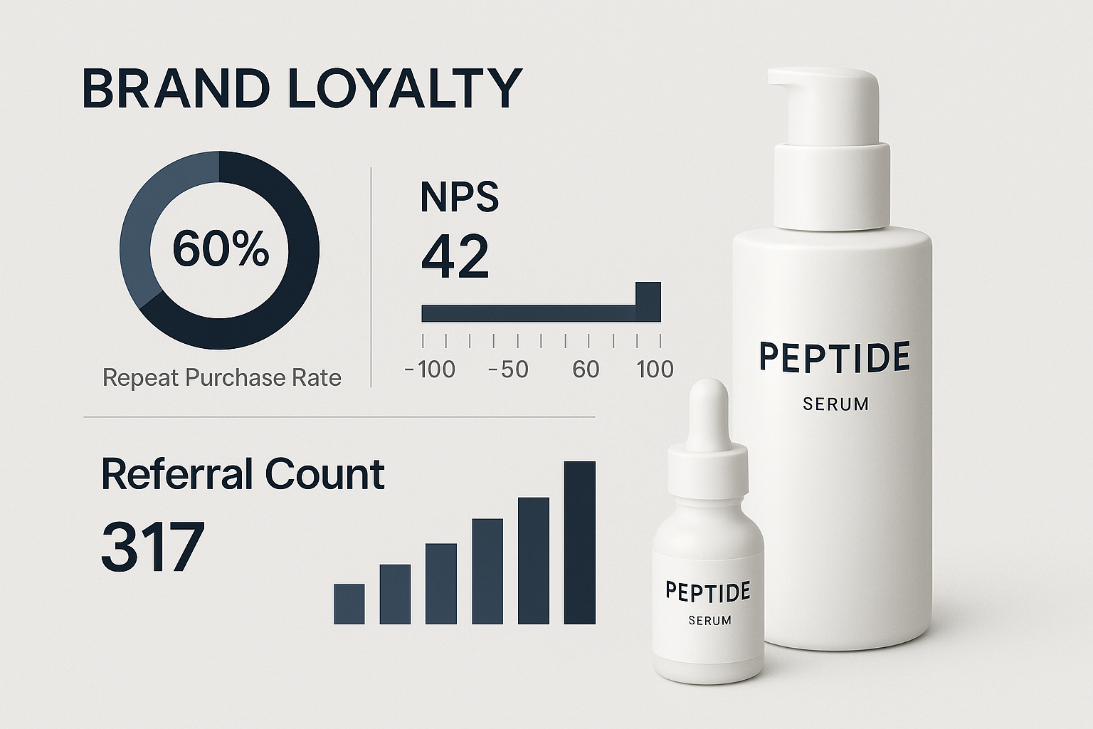 Dashboard displaying repeat purchase rate, NPS, referral count, average order value, and content engagement metrics