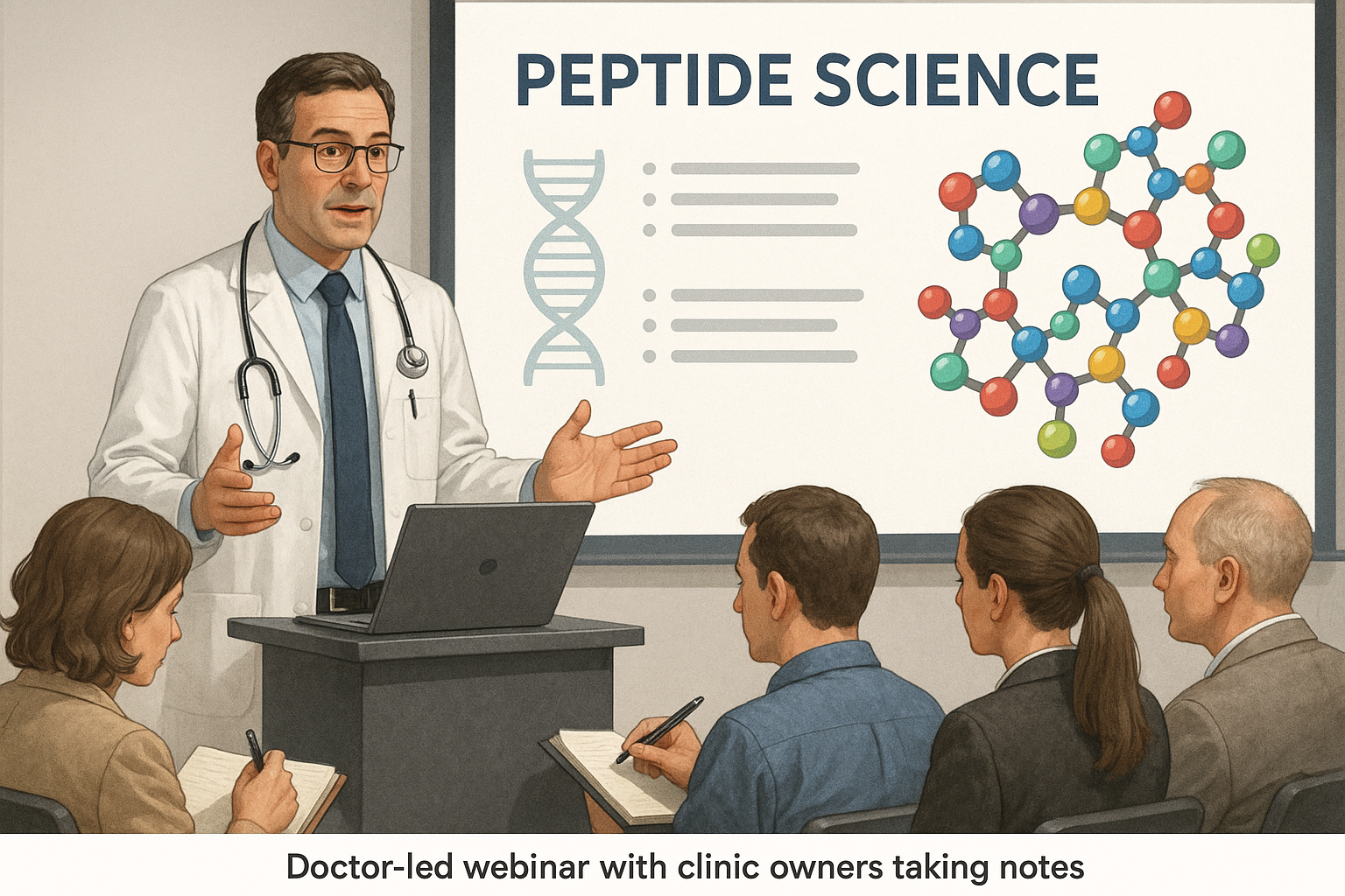 Doctor presenting a live webinar on peptide formulation