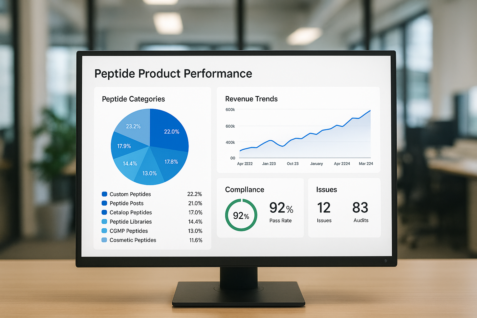 Mockup of a multi‑page monthly peptide sales dashboard