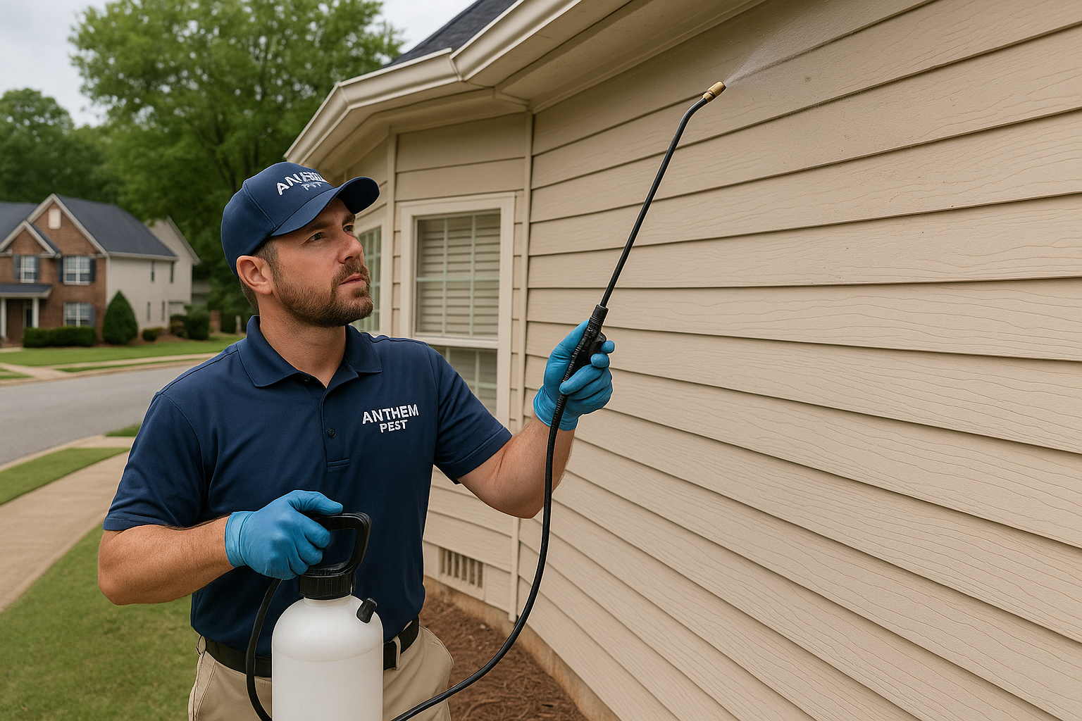 Anthem Pest technician applying fly control treatment in a Loganville backyard