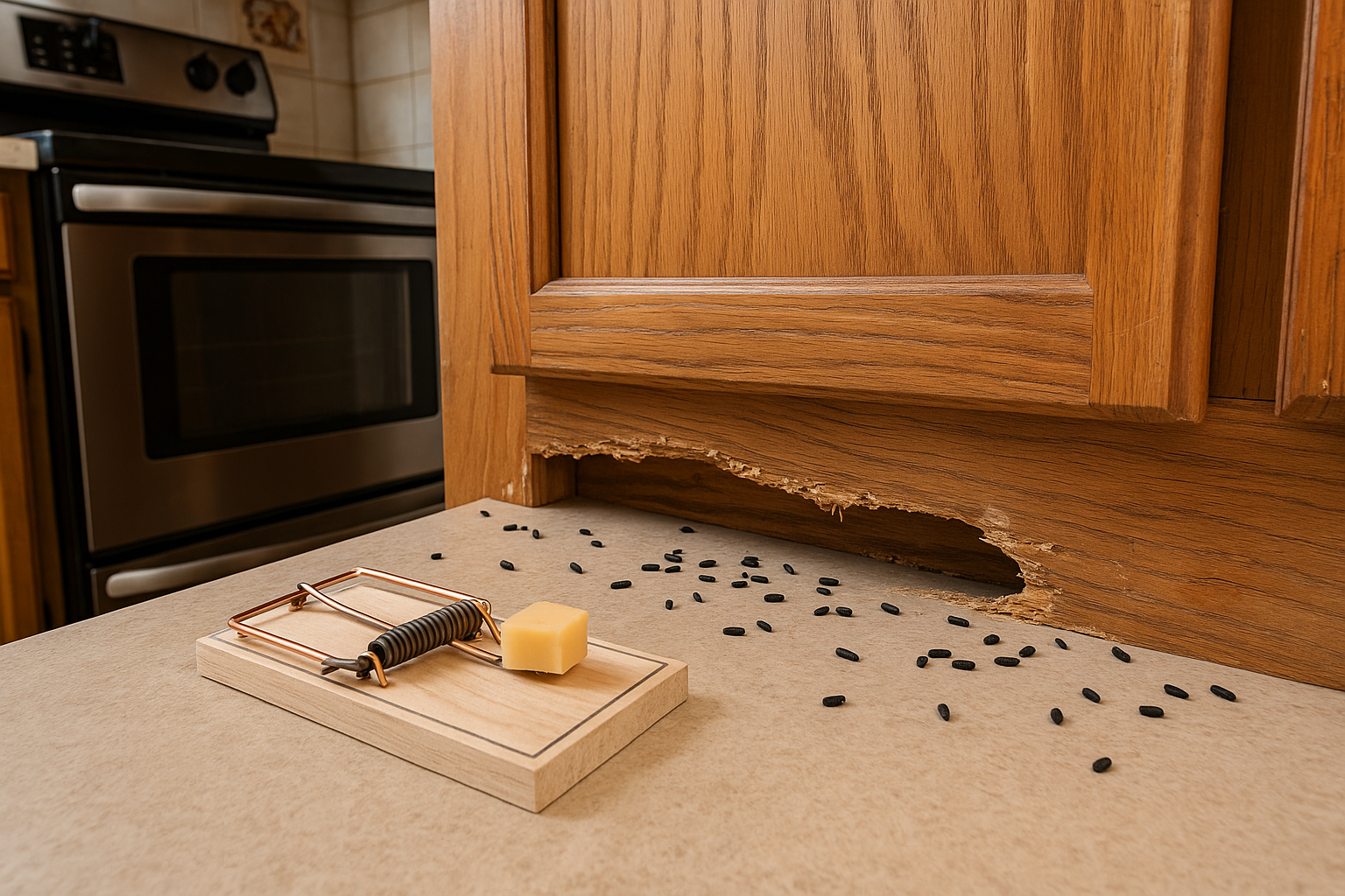 How much does mouse control cost in Lilburn, Georgia? 2 Mouse droppings and gnaw marks in a Lilburn kitchen