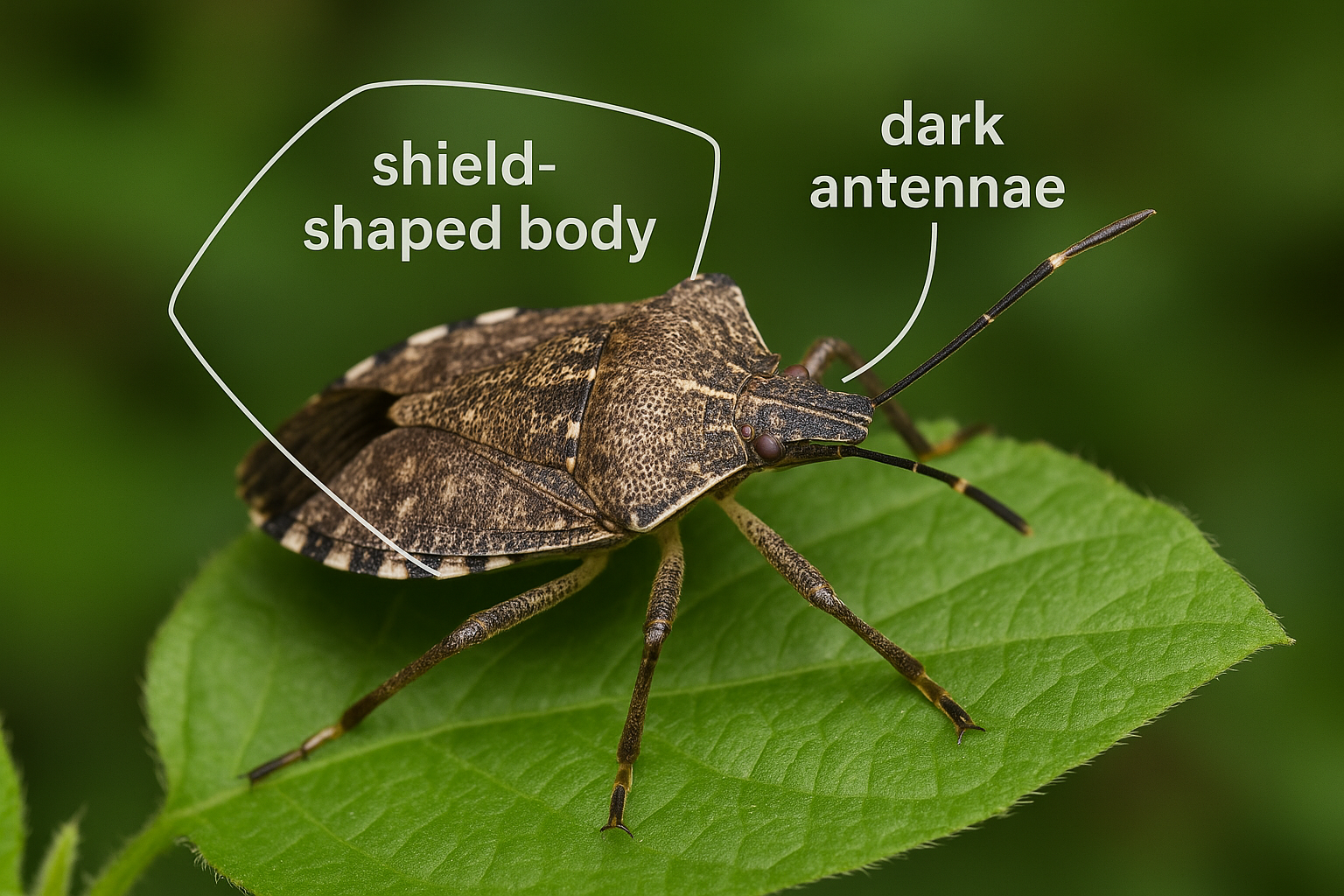 Top-Rated Stink Bug Control in Dunwoody, Georgia: Cost, Treatment & Tips 2 Close‑up of brown‑marmorated stink bug showing shield shape, brown‑gray color, and white antenna bands