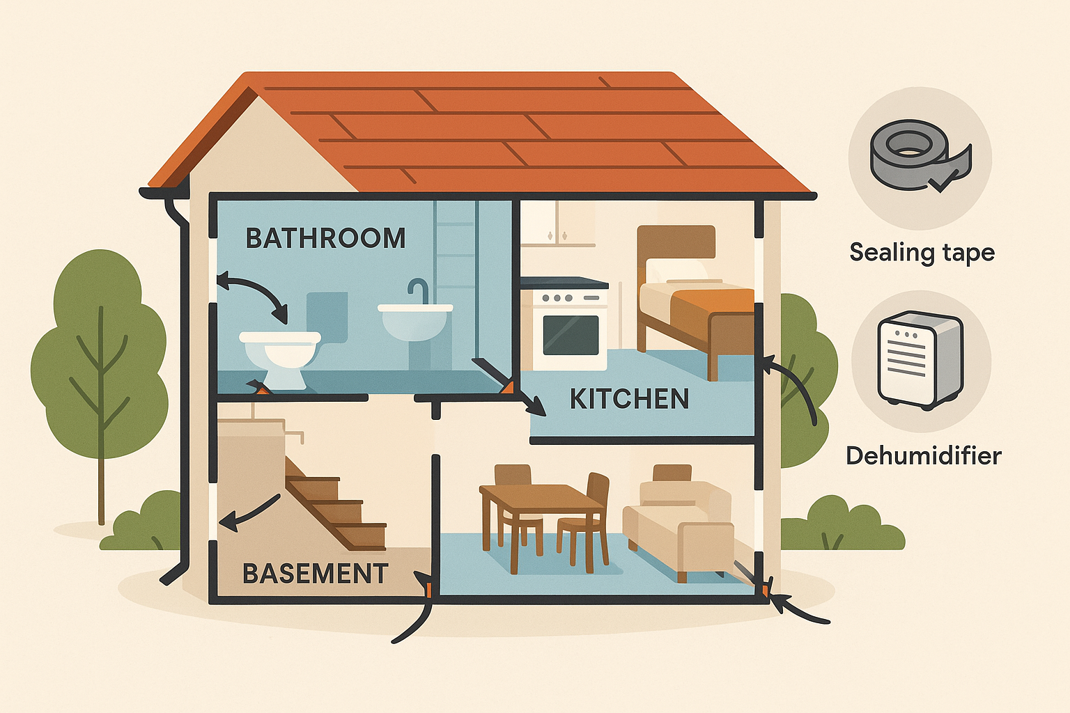 Diagram of a typical Brookhaven floor plan showing moisture‑prone zones and recommended sealing points