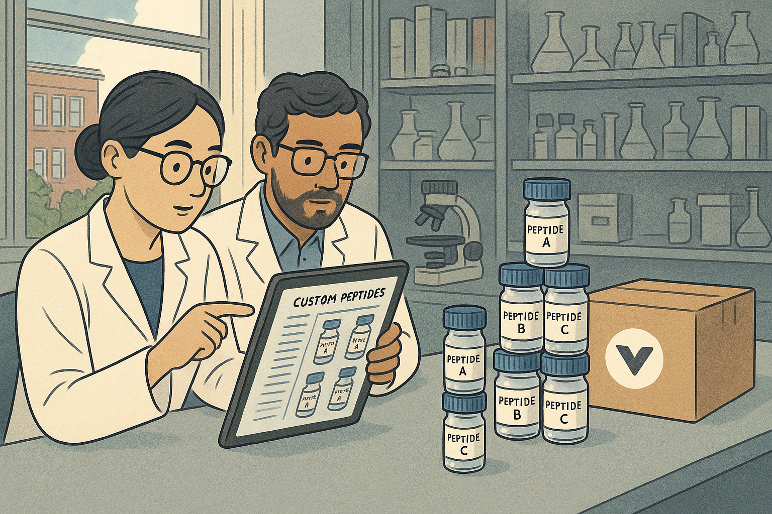 Digital catalog interface showing peptide options, pricing tiers, and certificate of analysis