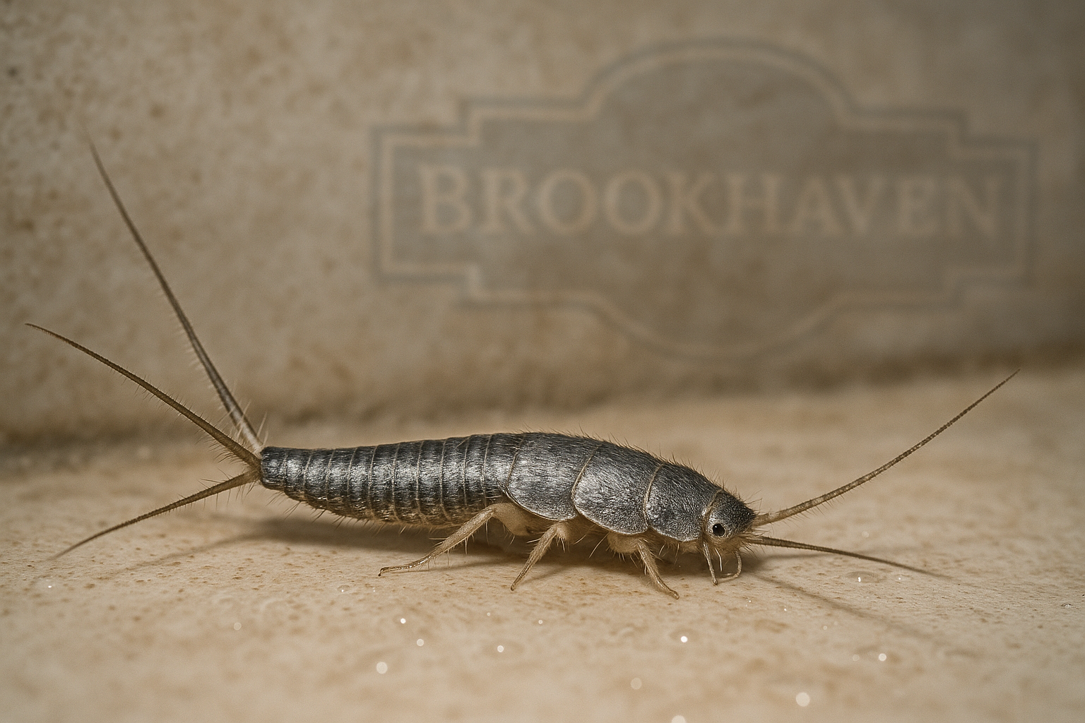 Close‑up of a silverfish crawling on a bathroom tile