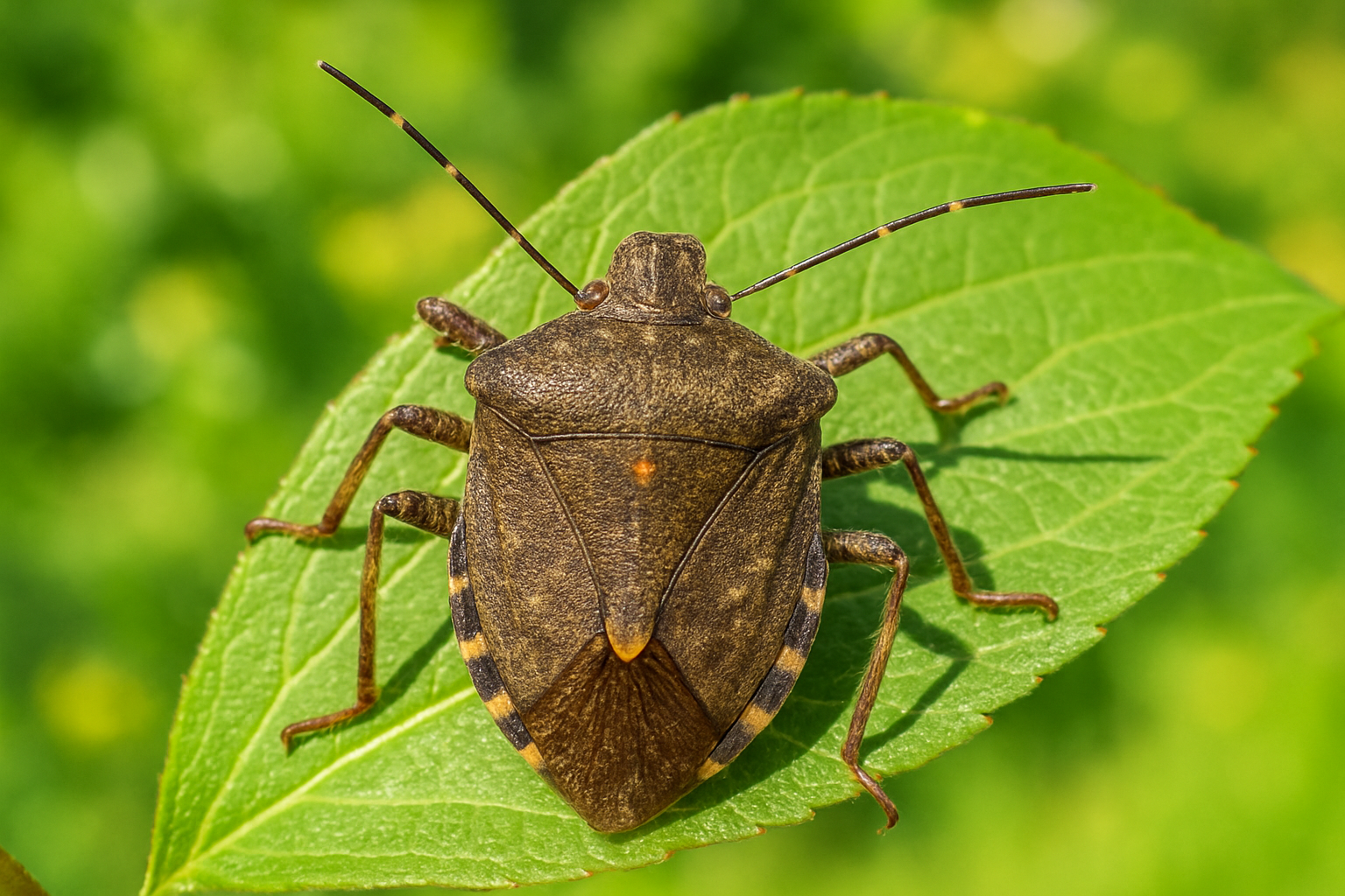 Emergency Stink Bug Control in Brookhaven, Georgia: What to Do Right Now 3 Close‑up macro view of a brown‑green stink bug showing its shield shape and orange‑red scent glands