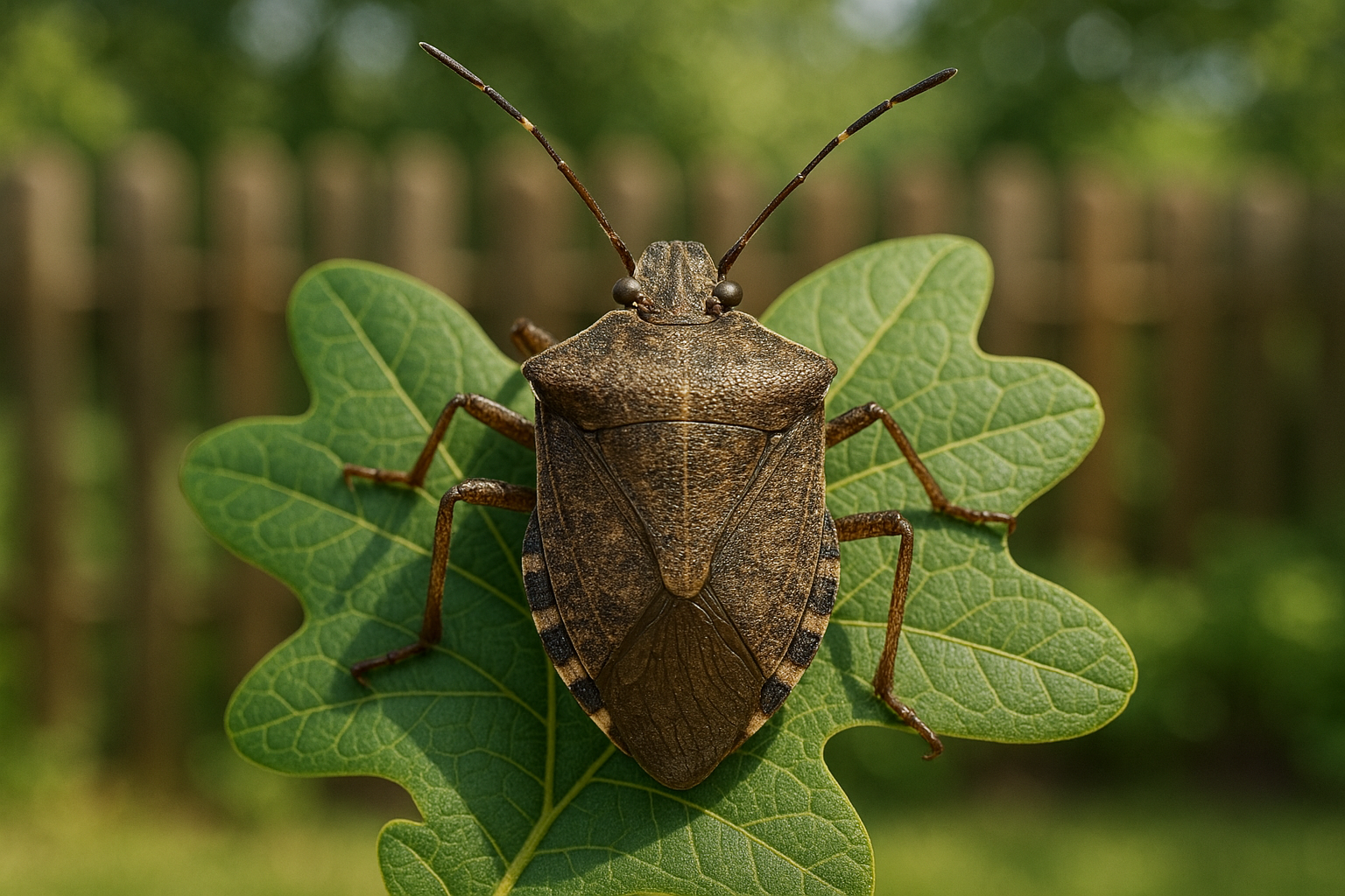 Brown marmorated stink bug on a leaf