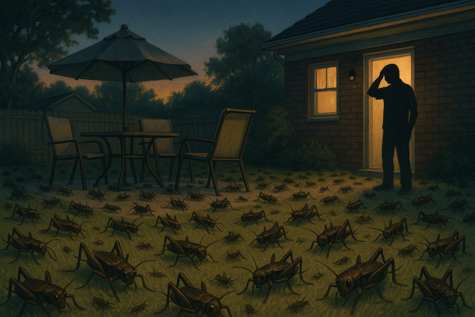 Illustration of backyard cricket infestation showing dense clusters under mulch and deck