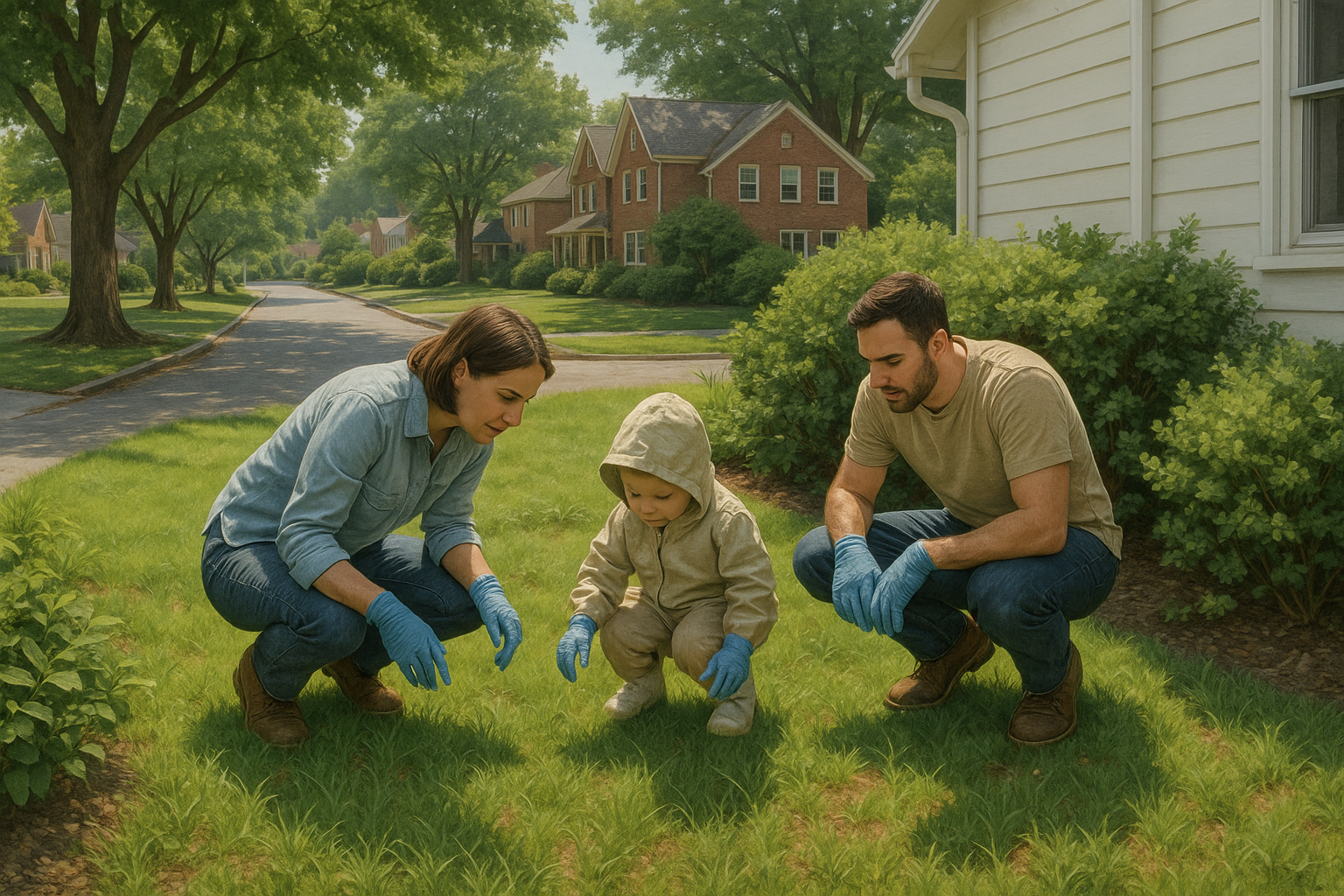 Illustration of a homeowner checking a dog for ticks and inspecting a shaded yard area