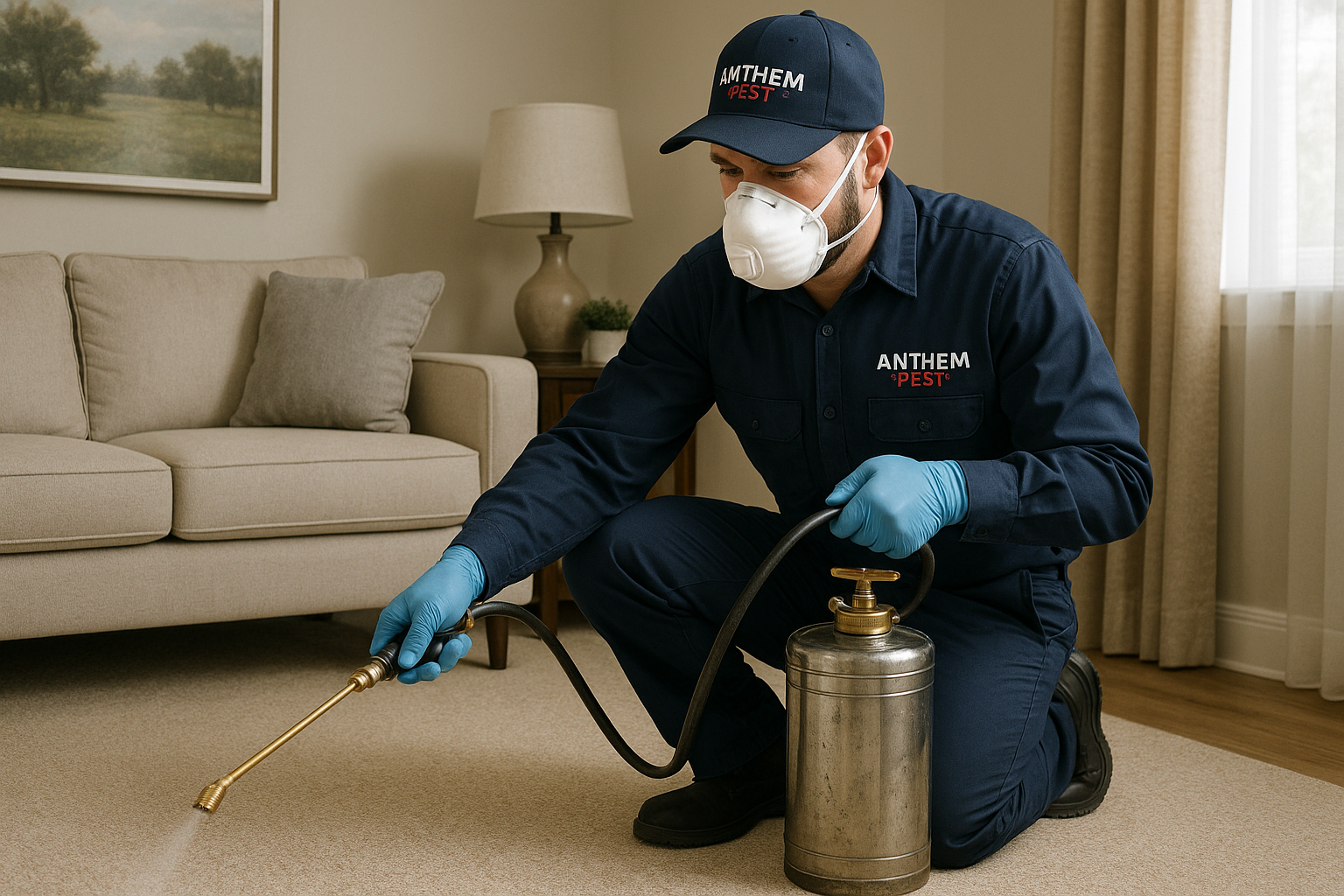 Technician applying carpet beetle treatment in a home