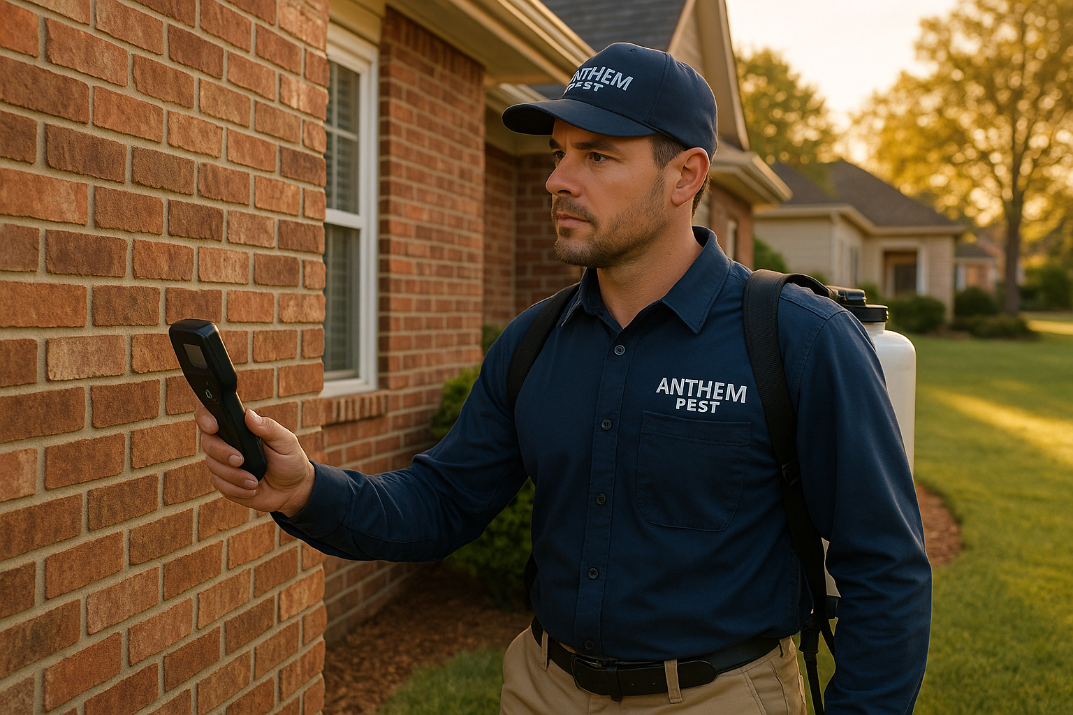 Stink bug on a sunny wall with highlighted entry points on a house