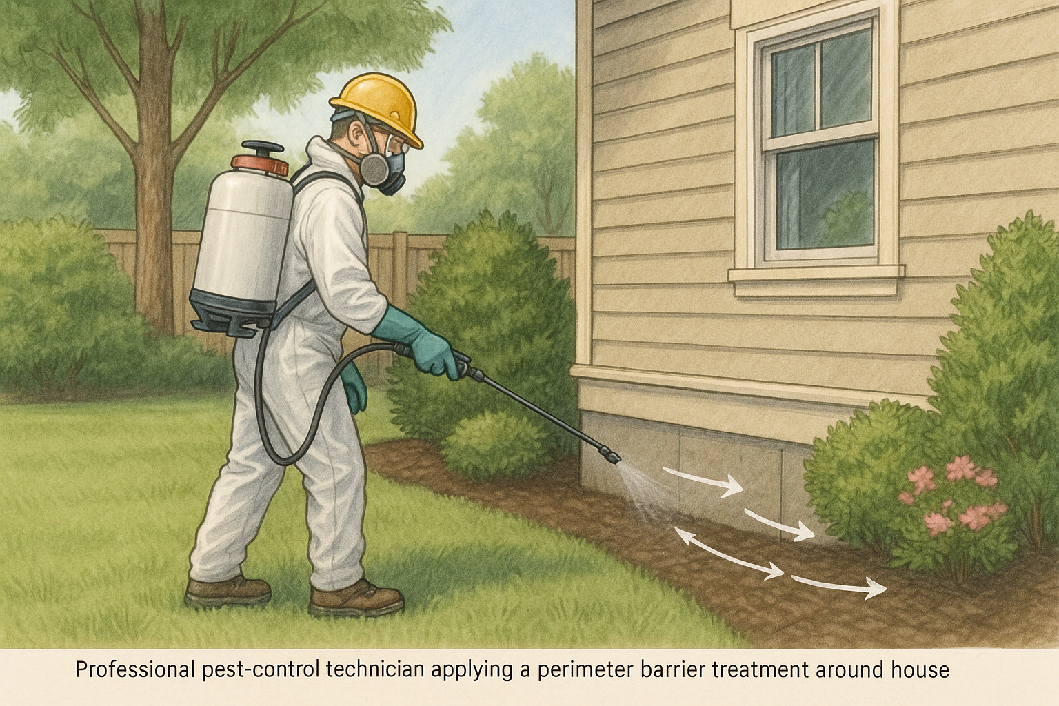 Technician applying a millipede perimeter barrier around a home foundation