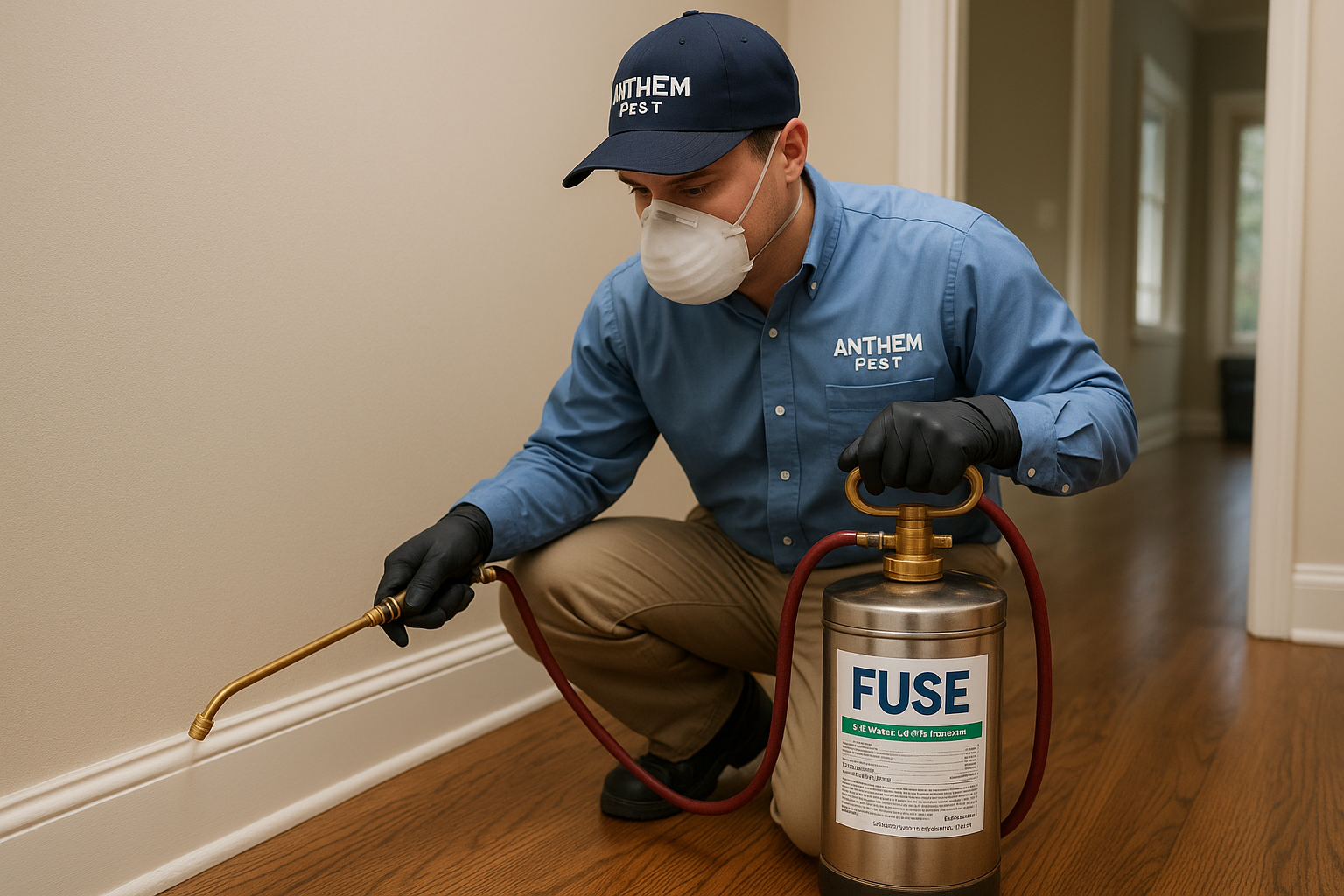 Illustration of a pest technician performing a fruit fly treatment in a kitchen