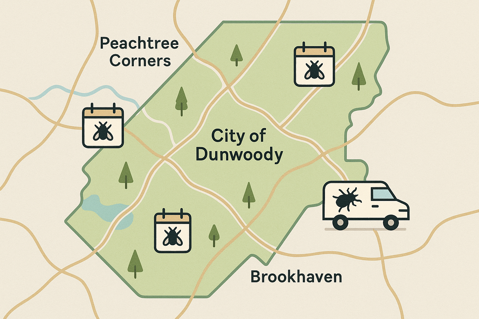 Map showing Anthem Pest service coverage in Dunwoody, Brookhaven, and Peachtree Corners