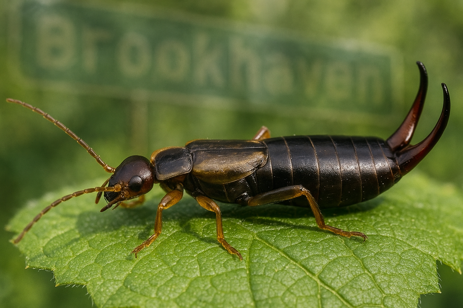 Close‑up of a common earwig showing dark body and curved cerci