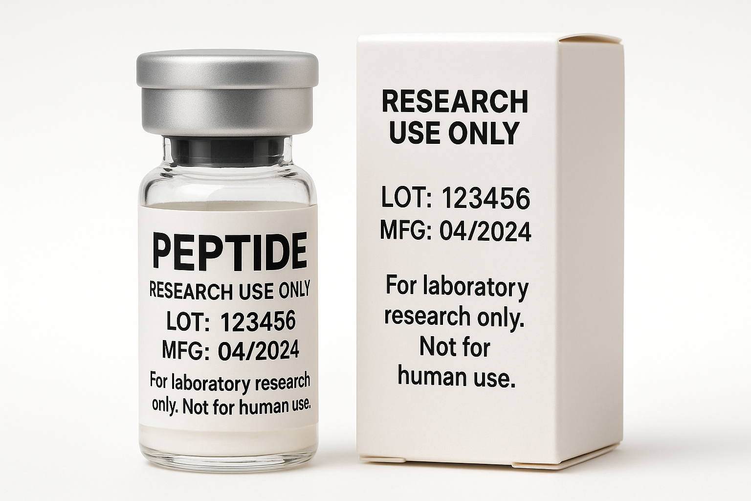 Label-detail graphic showing required FDA elements on peptide packaging